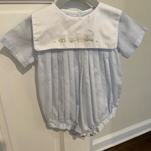 Petit Ami embroidered Train Light Blue Pleated Romper with Hat Bonnet